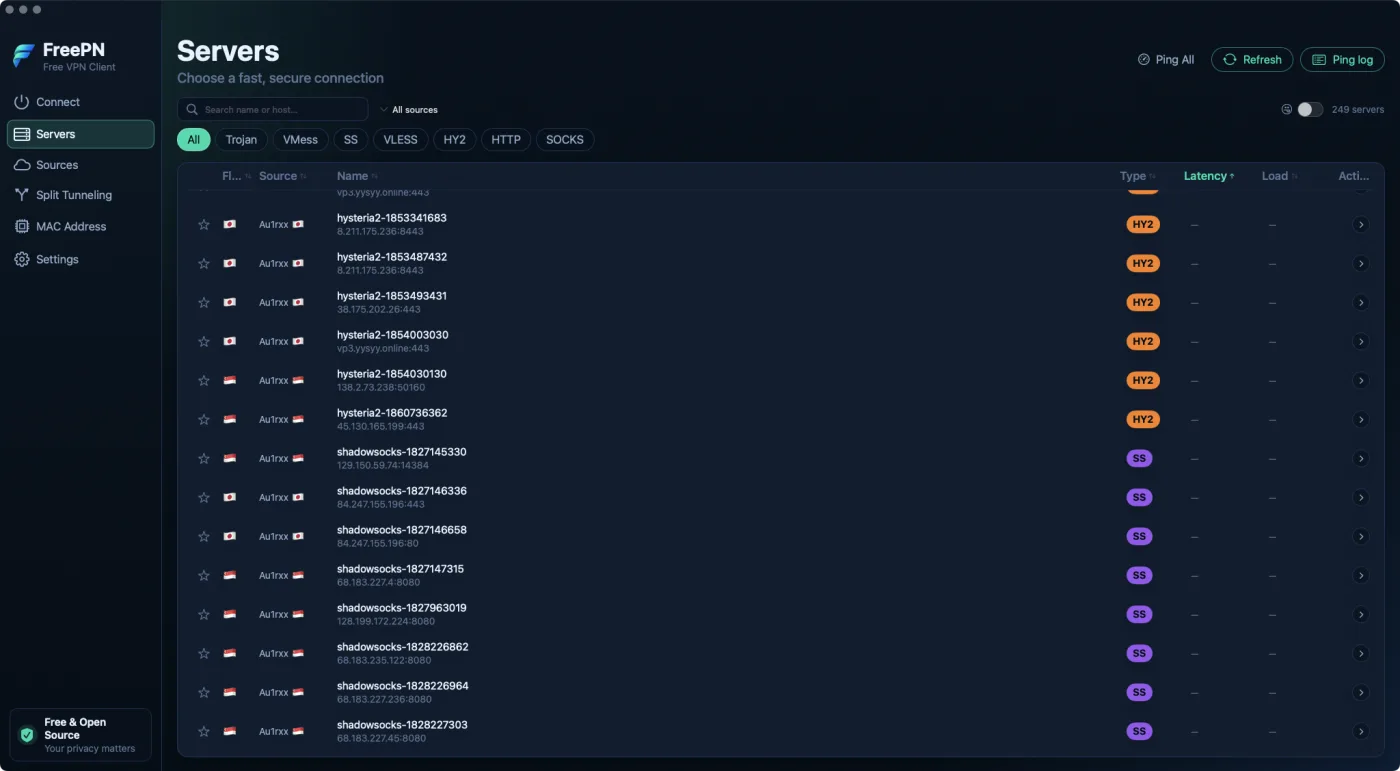 FreePN's server list: search and filters on top, protocol and latency columns, starred favorites.