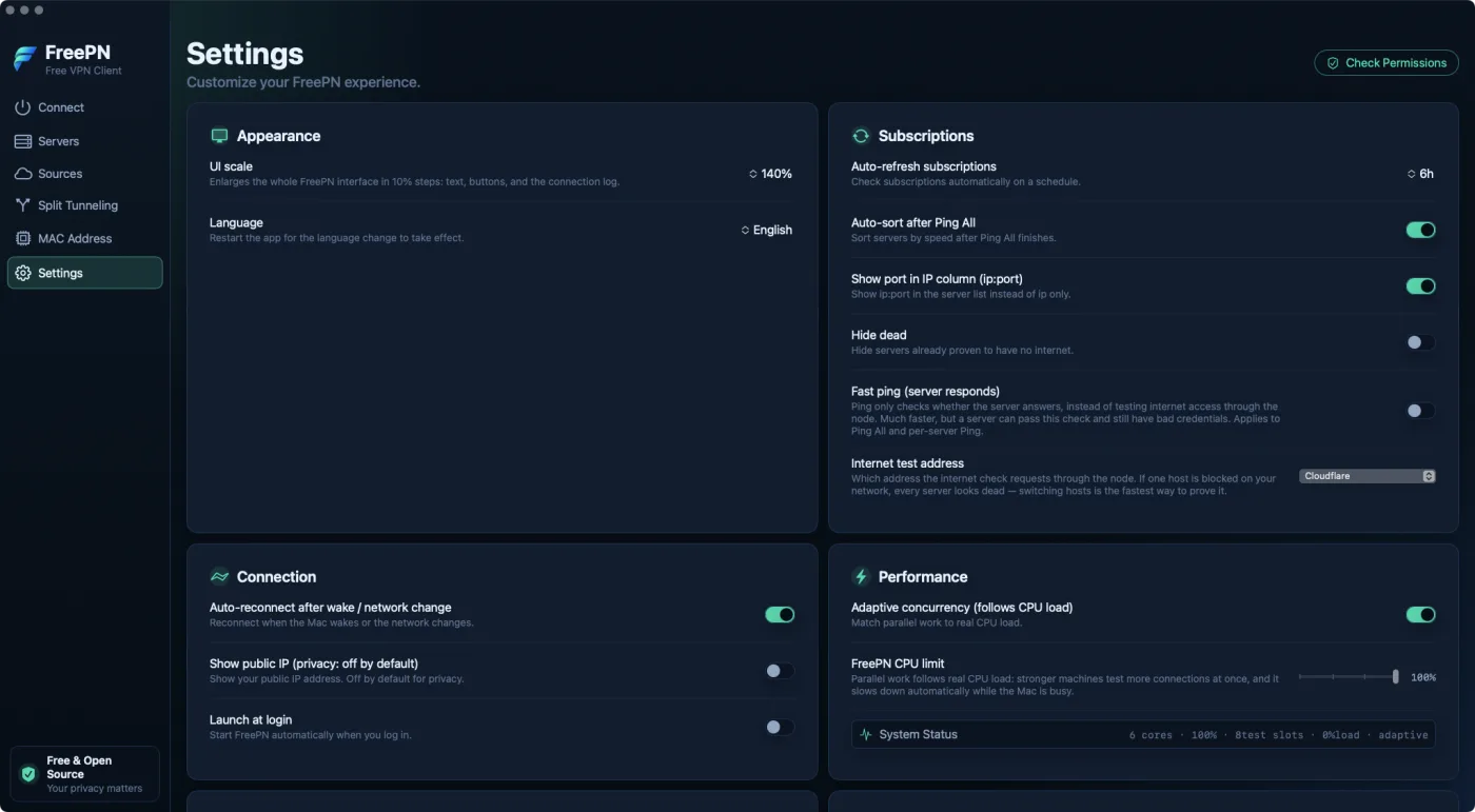 FreePN's settings screen: update schedule, ping mode, CPU limit, UI scale, and language.