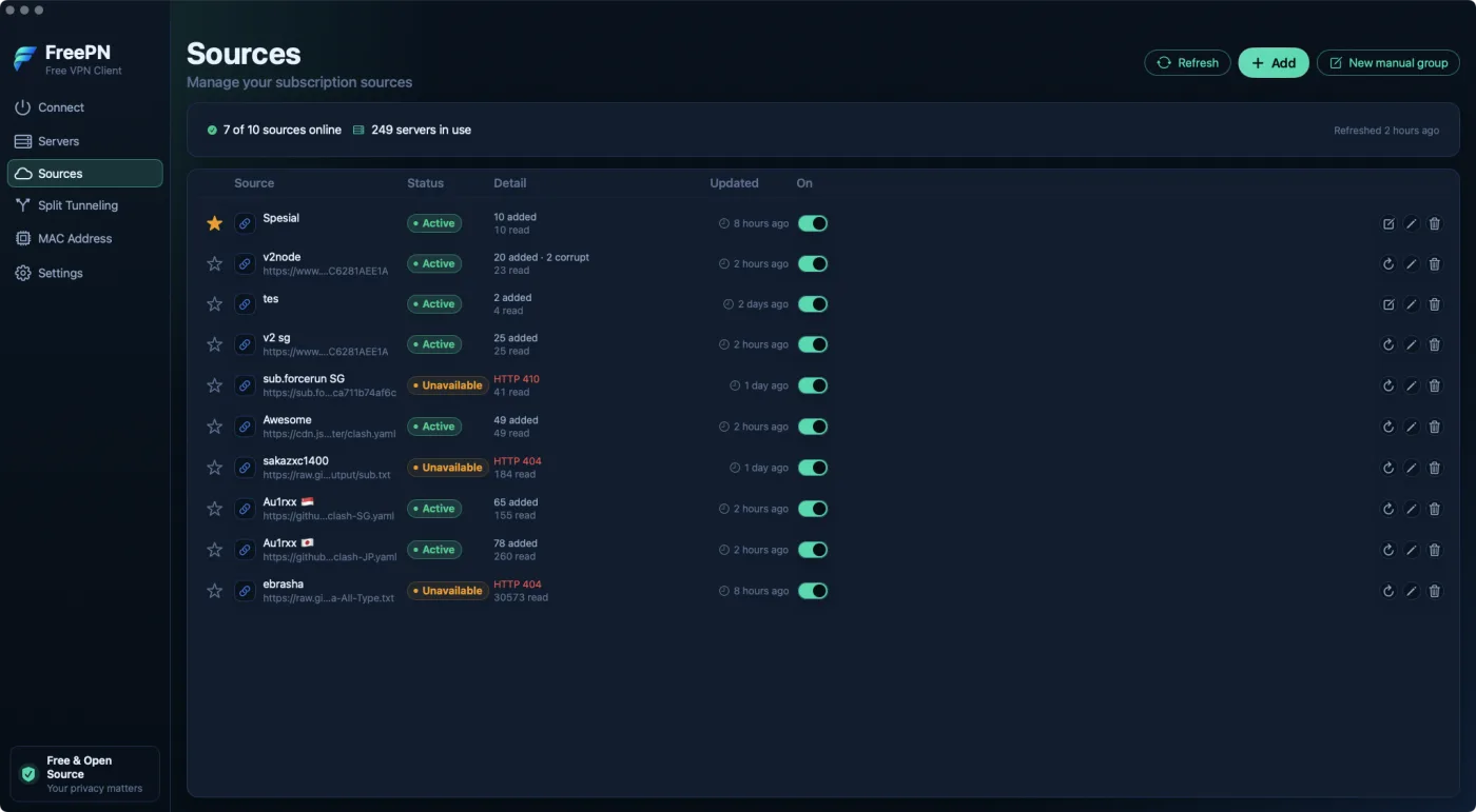 FreePN's sources screen: curated feed chips and a subscription URL field, with per-source status.