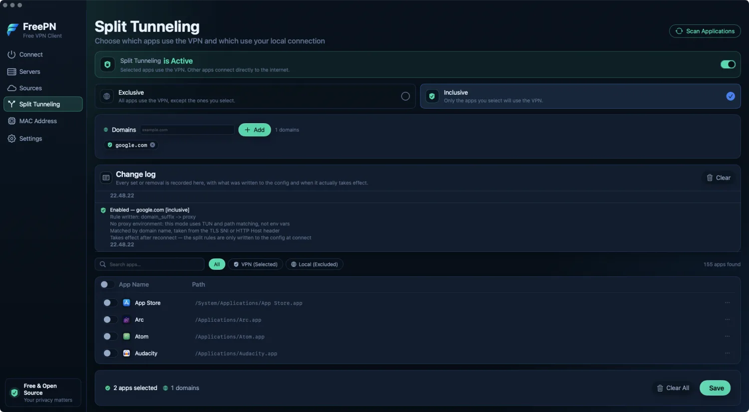 FreePN's split tunneling screen: inclusive mode selected, a domain rule, the change log, and the app scanner.